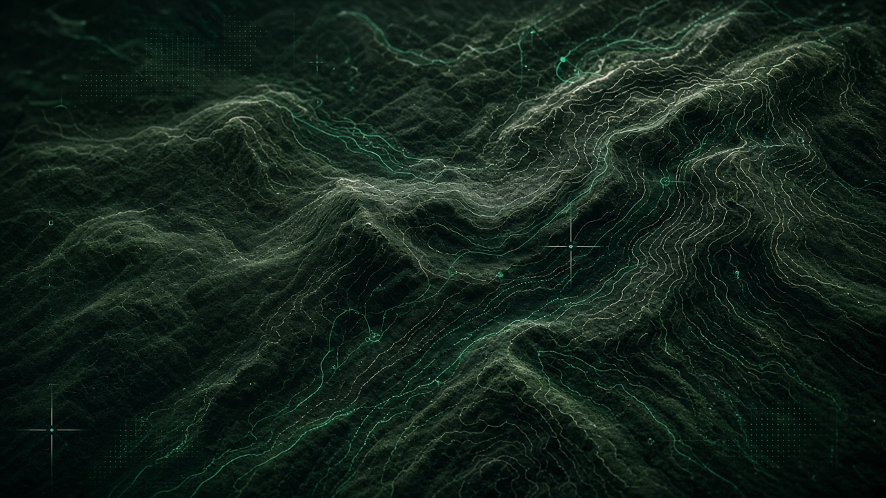Abstract dark green terrain traced with fine contour lines