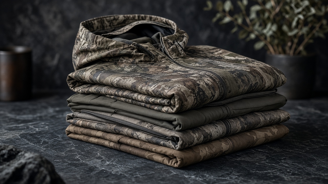 Folded camouflage outdoor jackets stacked on a dark stone surface