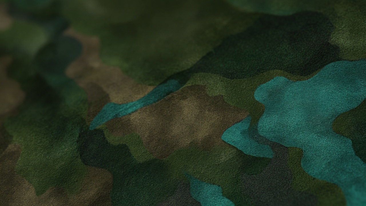 Close-up of a camouflage pattern in green, brown and teal